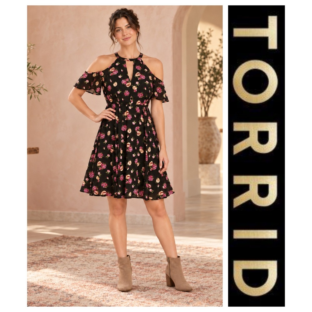 Torrid Black Dark Floral Cold Shoulder Keyhole Chiffon Dress Size 18